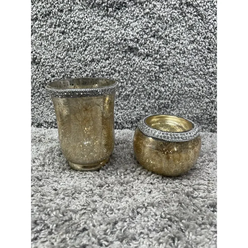 Crackle Gold Glass Tea Light Candle Holder Home Decoration Set Of 2